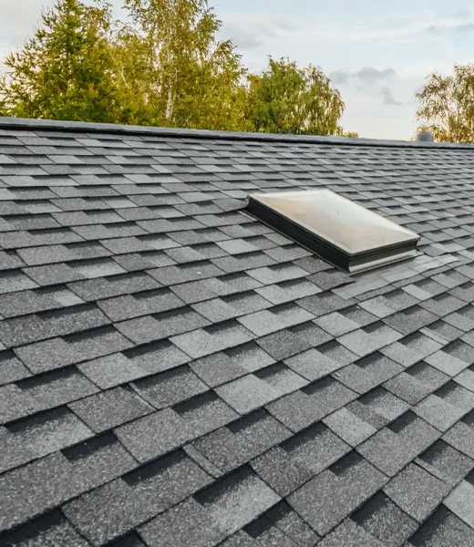 Asphalt shingle roof with skylight window on a residential home