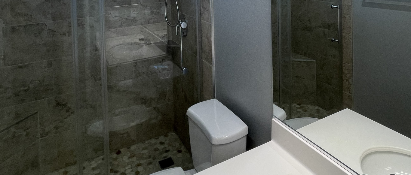 Modern walk-in shower with glass enclosure and tiled walls in a remodeled bathroom.