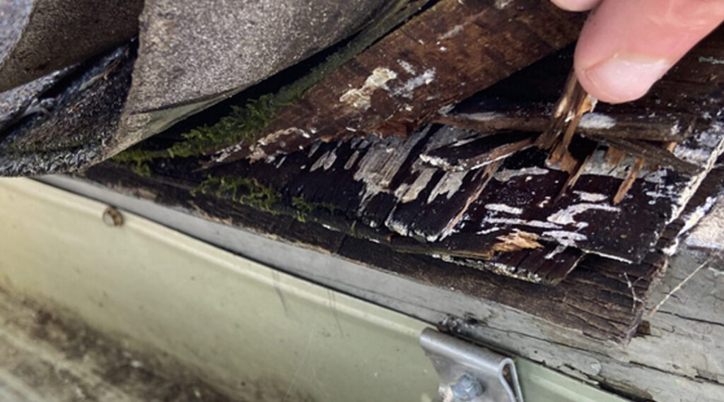 Rotted fascia board and roof edge damage requiring repair in Lake Elsinore CA