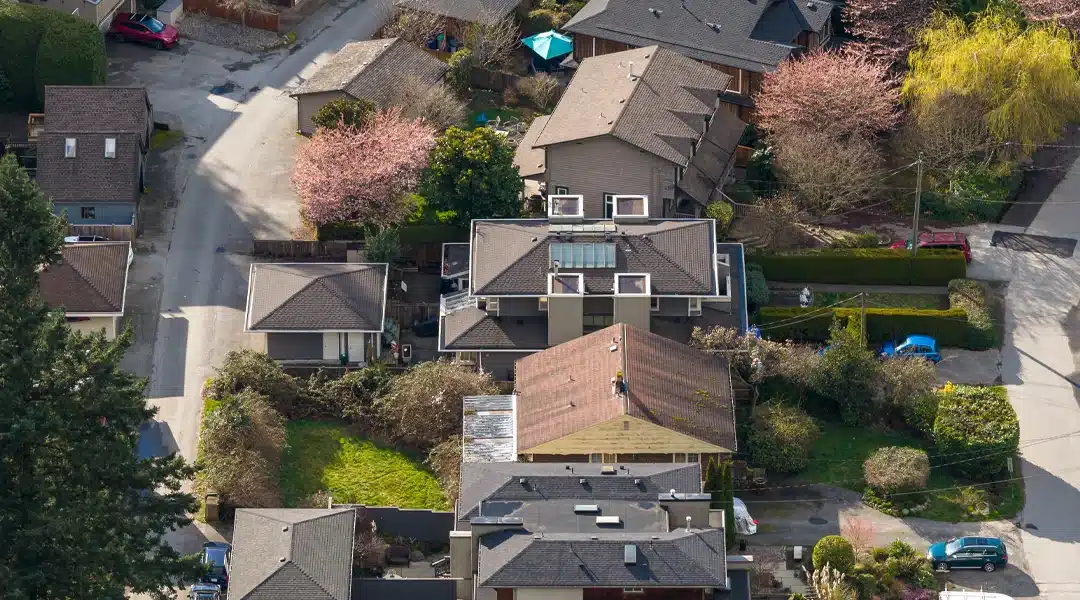 Aerial roof view of California homes used for remote insurance reviews