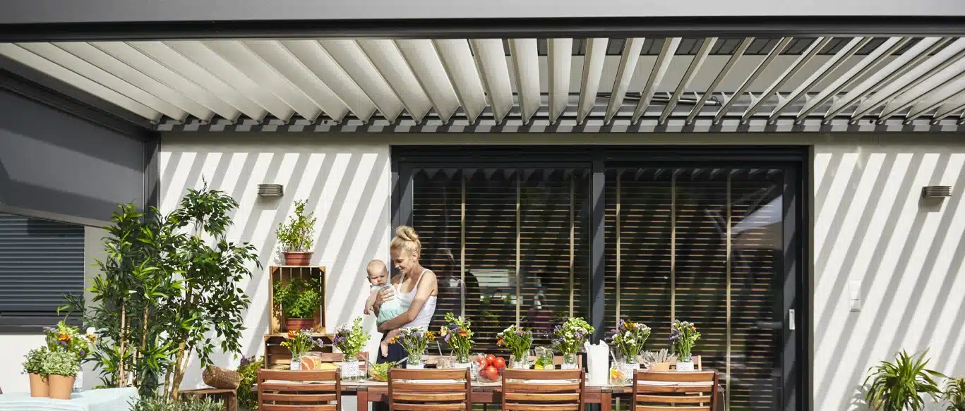 Modern patio cover over an outdoor dining area for entertaining in Southern California
